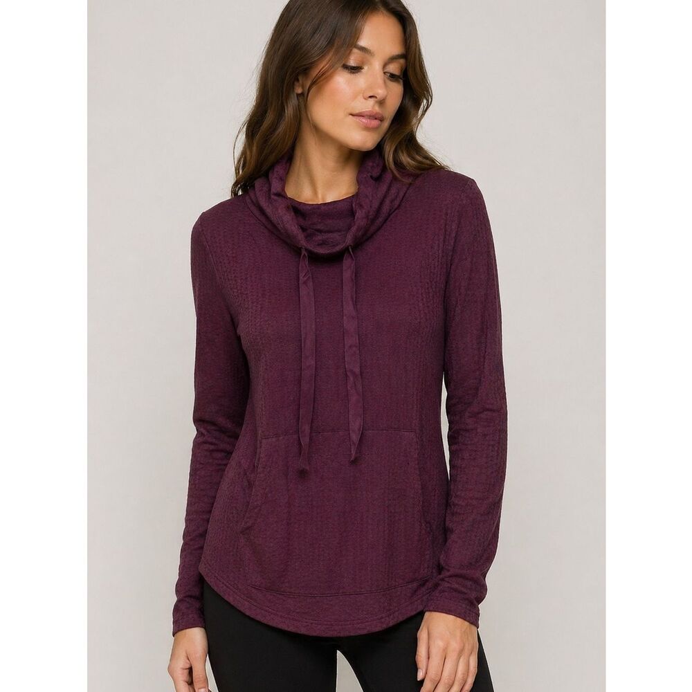 Chaser Burgundy Waffle Knit Cowl Drawstring Hoodie/Top w/Pocket. Small. NWT Soft